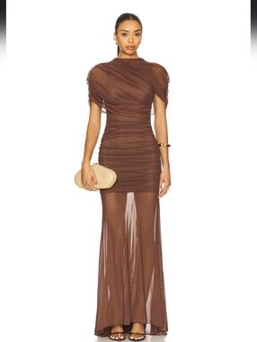 x REVOLVE Evianna Mesh Gown in Chocolate Brown